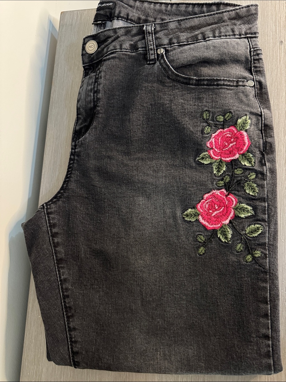 new directions Black Skinny Jeans with Pink Rose Embroidery